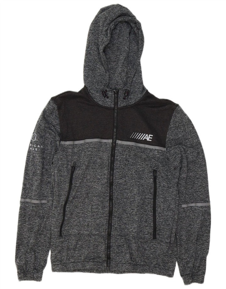 AMERICAN EAGLE Pulover cu capota cu fermoar grafic pentru bărbați, gri mic, cu pete