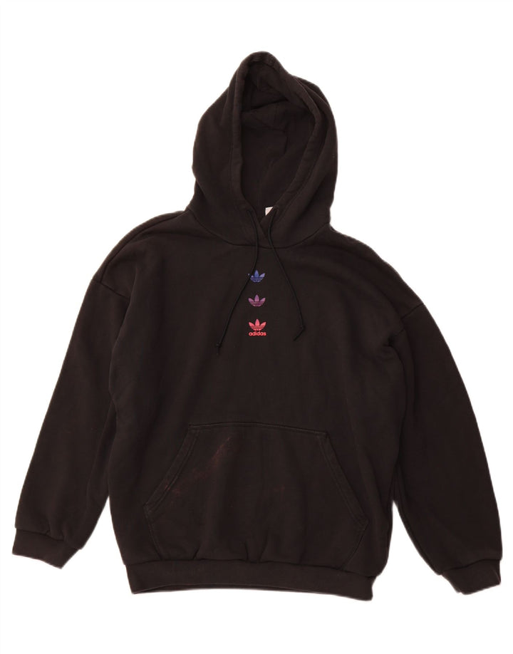 Pulover ADIDAS pentru femei, cu formă largi, cu glugă grafică, UK 14, mare, negru, bumbac