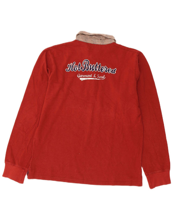 Tricou polo rugby cu mânecă lungă cu grafică vintage pentru bărbați, bumbac roșu mediu