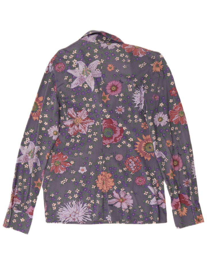 Cămașă vintage cu mânecă lungă pentru femei UK 14 Medium Gri Floral
