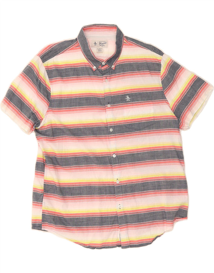 PENGUIN Mens Short Sleeve Shirt XL Multicoloured Striped Cotton Vintage Penguin and Second-Hand Penguin from Messina Hembry 