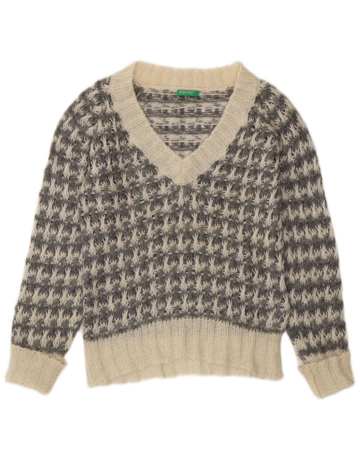 Pulover Benetton pentru femei cu decolteu în V UK 14 Medium Gri Houndstooth