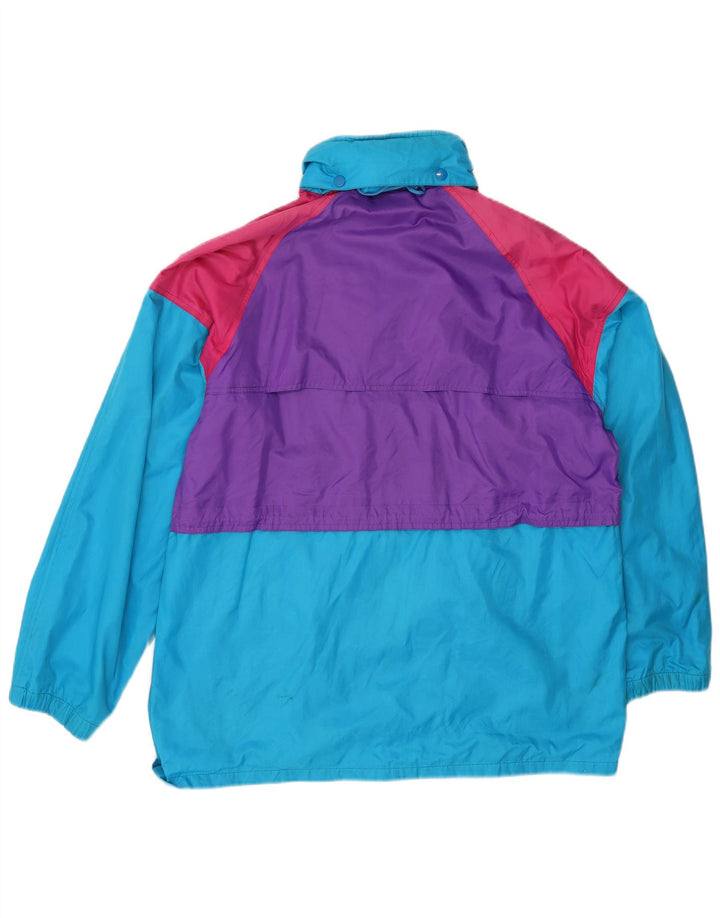 Jachetă de ploaie supradimensionată cu glugă vintage pentru femei UK 14 Medium Blue Colorblock