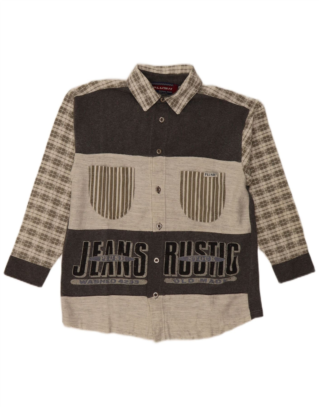 Cămașă de flanel cu grafică vintage pentru bărbați, bumbac cu carouri, gri mediu