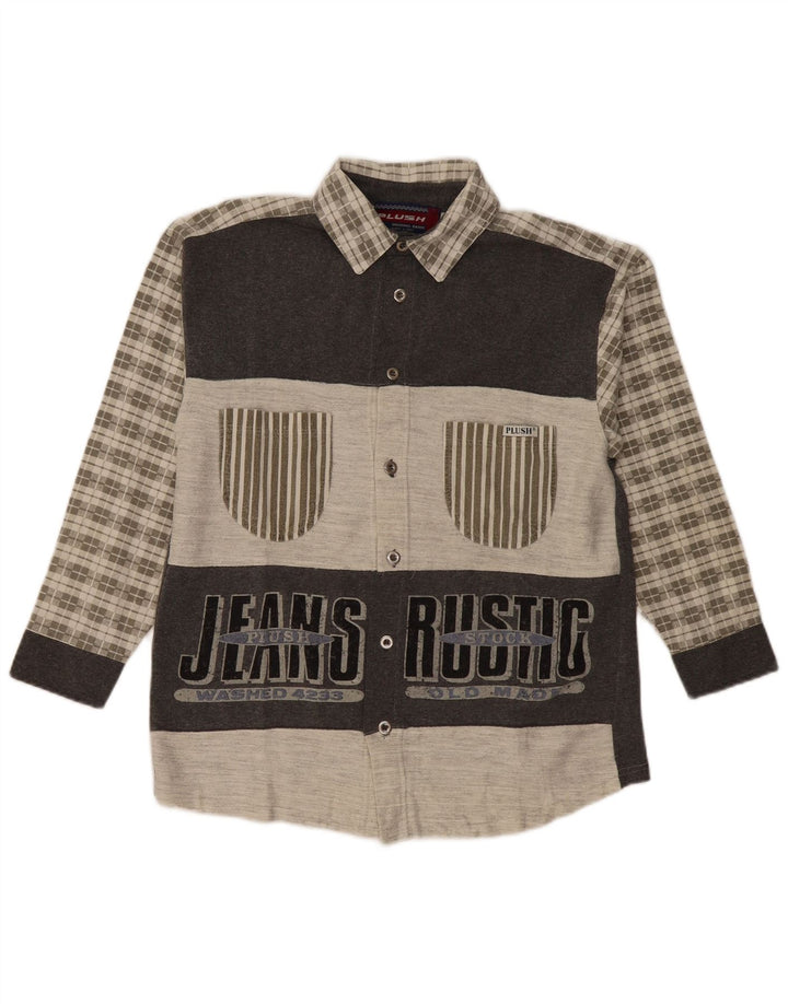 Cămașă de flanel cu grafică vintage pentru bărbați, bumbac cu carouri, gri mediu