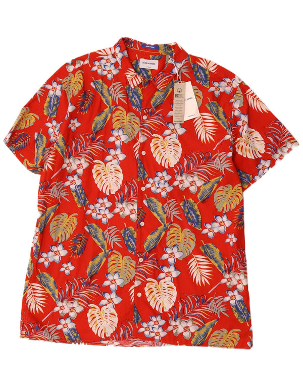 Jack & Jones Mens Hawaiian Short Sleeve Shirt 2XL Red Floral Cotton