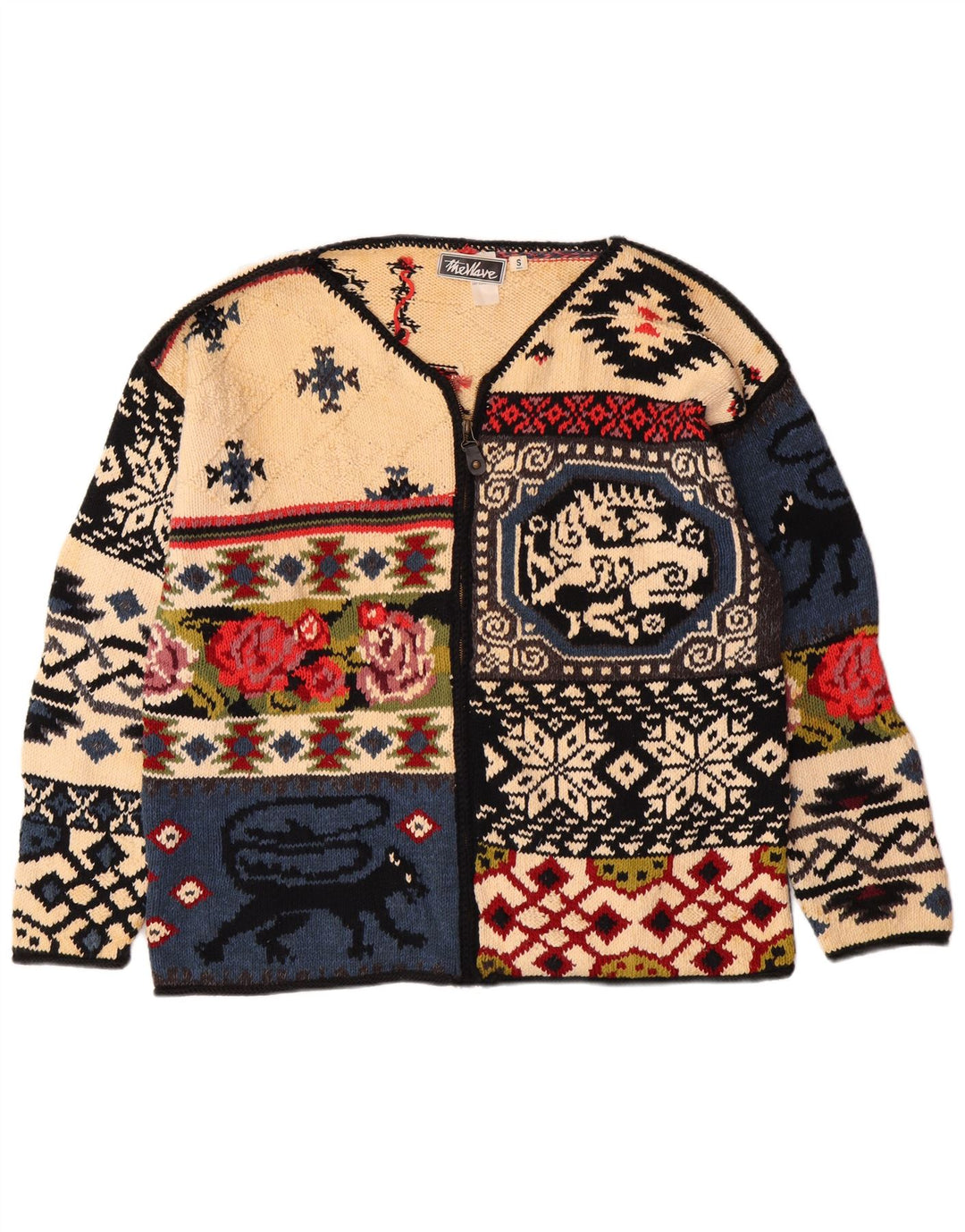 Pulover vintage cardigan grafic pentru femei UK 10 mic multicolor boem