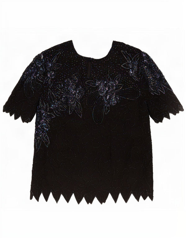 Bluză de seară vintage pentru femei UK 18 XL Mătase florală neagră