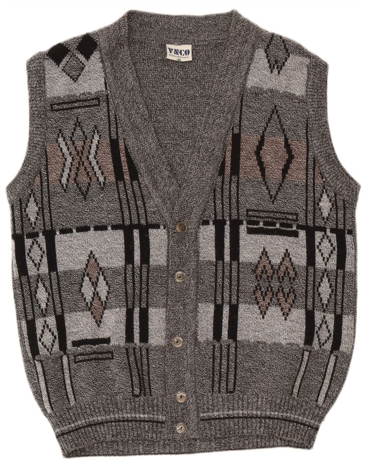 Cardigan vintage fără mâneci pentru bărbați, gri mediu, geometric acrilic