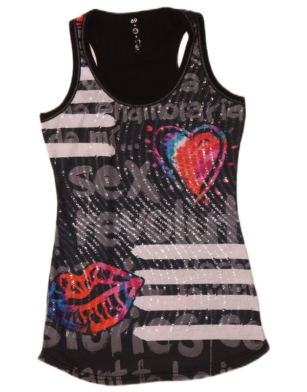 Desigual Womens Graphic Vest Top UK 6 XS Black Striped