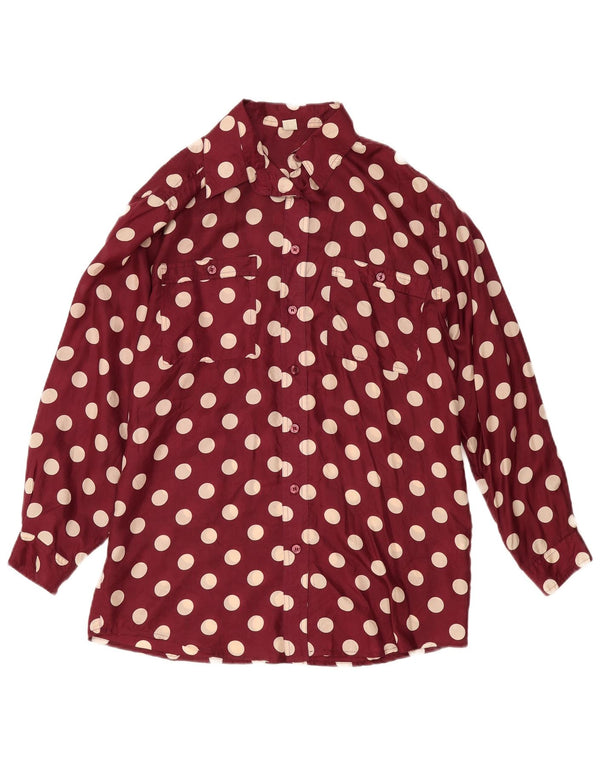 Bluză de cămașă vintage pentru femei UK 12/14 Medium Burgundy Polka Dot Matase