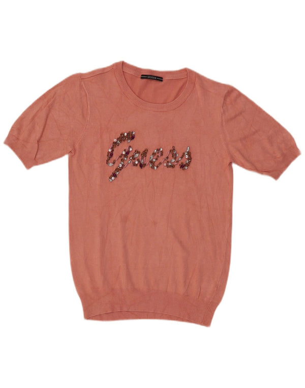 Pulover Guess pentru femei cu decolteu rotund cu grafică, UK 14, roz mediu