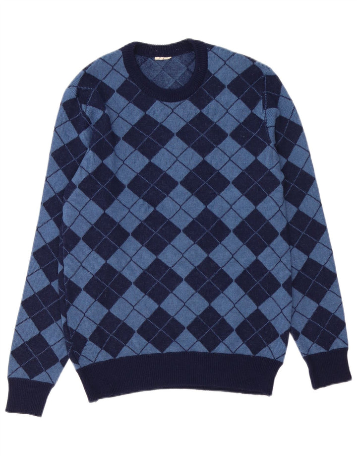Pulover vintage pentru bărbați cu decolteu rotund, mijlociu, bleumarin, Argyle/Diamond