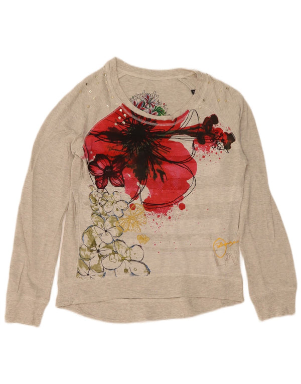 Top grafic pentru femei Desigual cu mânecă lungă UK 14, bumbac floral, gri mediu