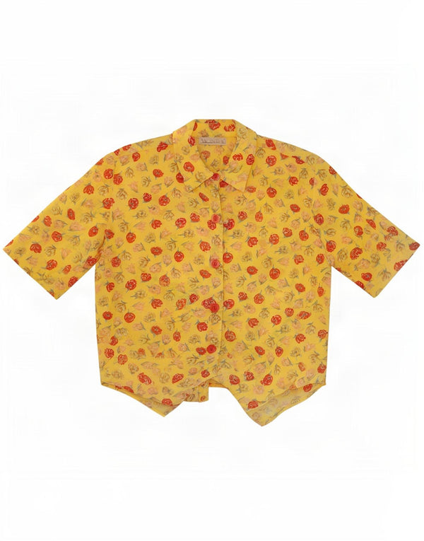 Bluză cămașă cu mânecă scurtă pentru femei vintage UK 14 Medium Galben Floral