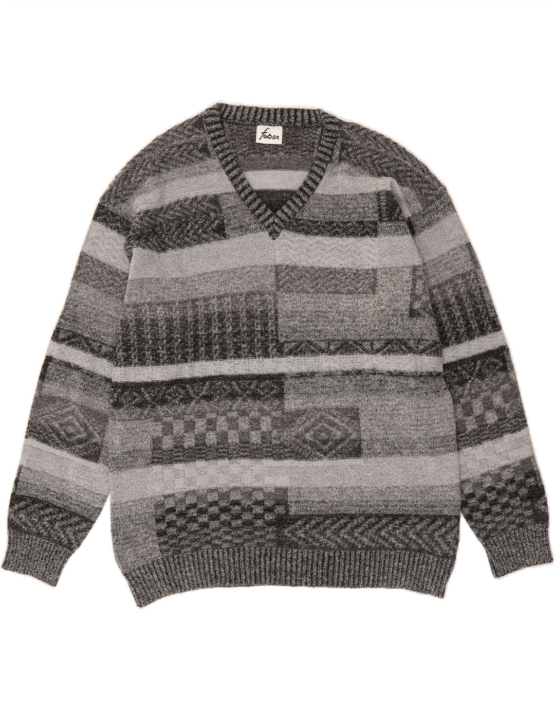 FABER Mens V-Neck Jumper Sweater XL Grey Geometric Vintage Faber and Second-Hand Faber from Messina Hembry 