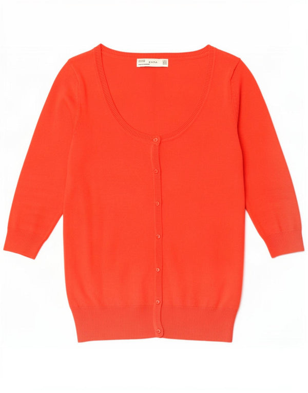 Zara Womens 3/4 Sleeve Cardigan Sweater UK 12 Medium Orange Cotton