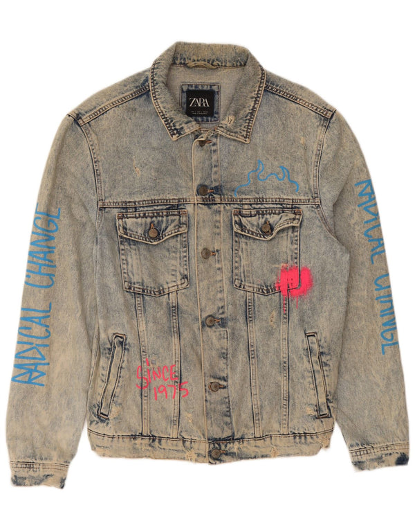 Jachetă de blugi grafică pentru bărbați Zara UK 40, mare, albastru, bumbac
