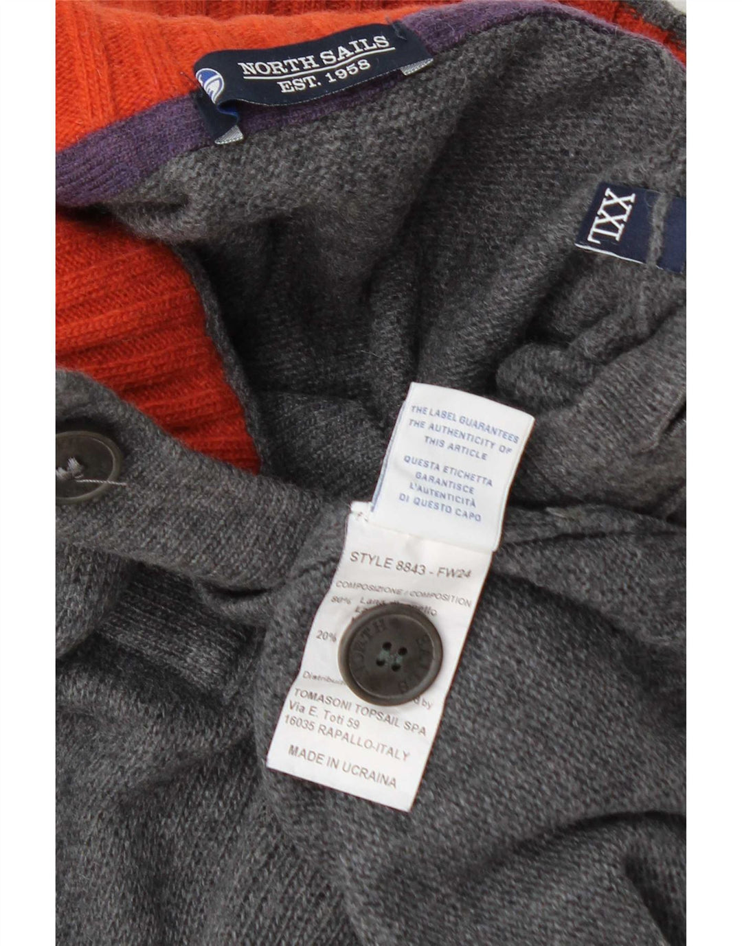 Pulover pentru bărbați North Sails cu gât cu nasturi, 2XL, lână gri