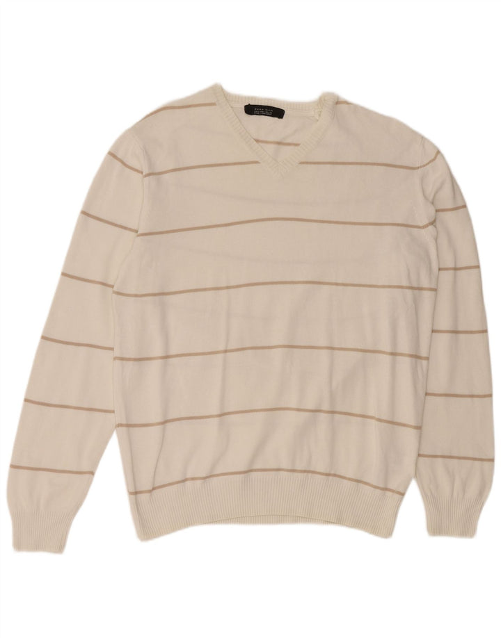 ZARA Mens V-Neck Jumper Sweater Large White Striped Cotton