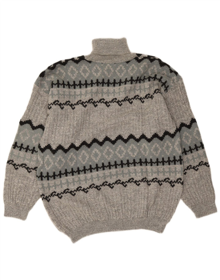 Vintage Mens Roll Neck Jumper Sweater Large Grey Fair Isle Alpaca Wool