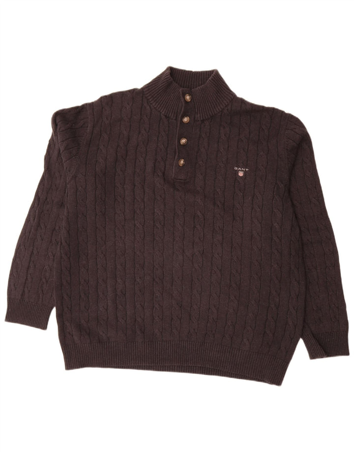 Pulover pentru bărbați Gant cu gât cu nasturi, bumbac negru 2XL