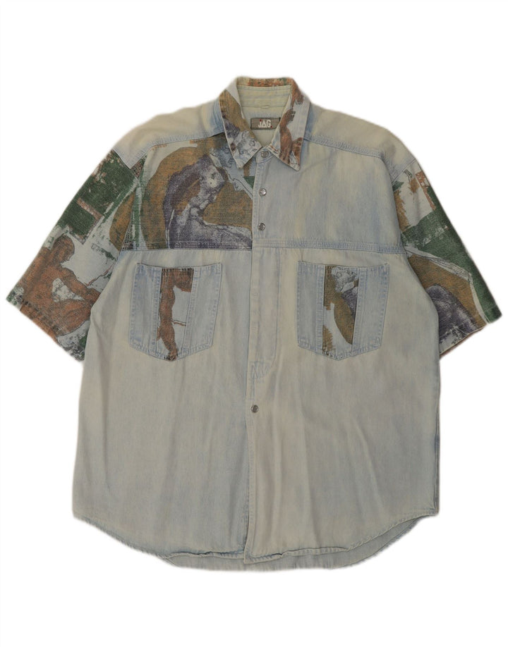 Cămașă de blugi vintage cu mânecă scurtă pentru bărbați, mare, albastră, retro