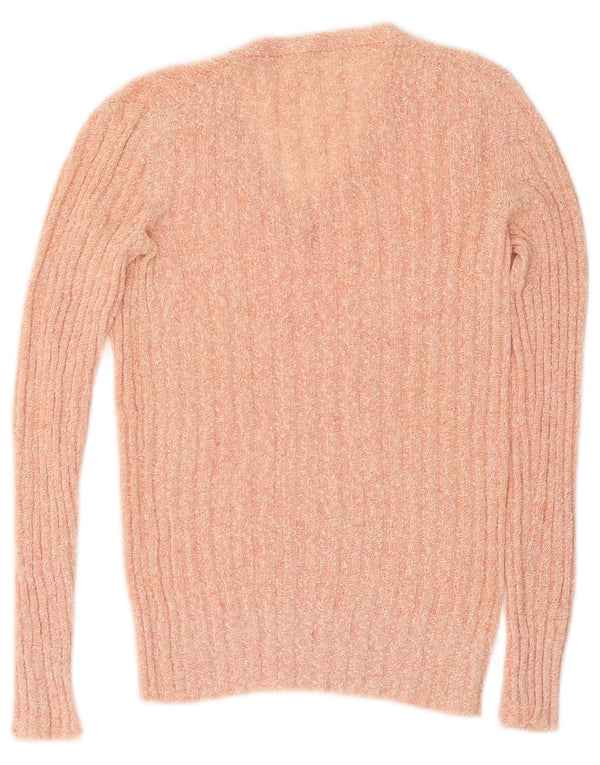 Pulover vintage pentru femei cu decolteu în V UK 12 Medium Pink Flecked