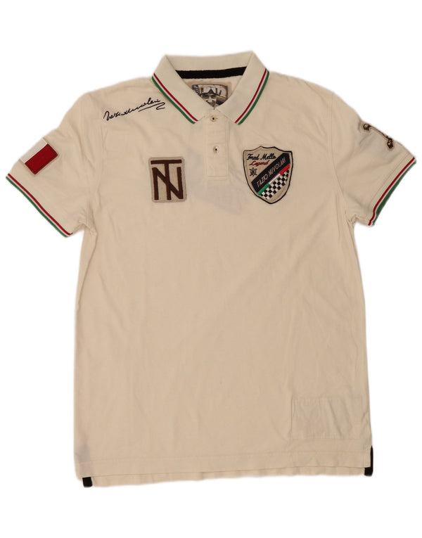 Cămașă polo cu grafică pentru bărbați Fred Mello, bumbac mediu alb