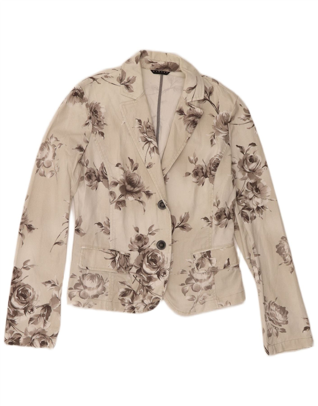 Jachetă Sisley de denim cu 2 nasturi pentru femei UK 10, mic, alb, floral