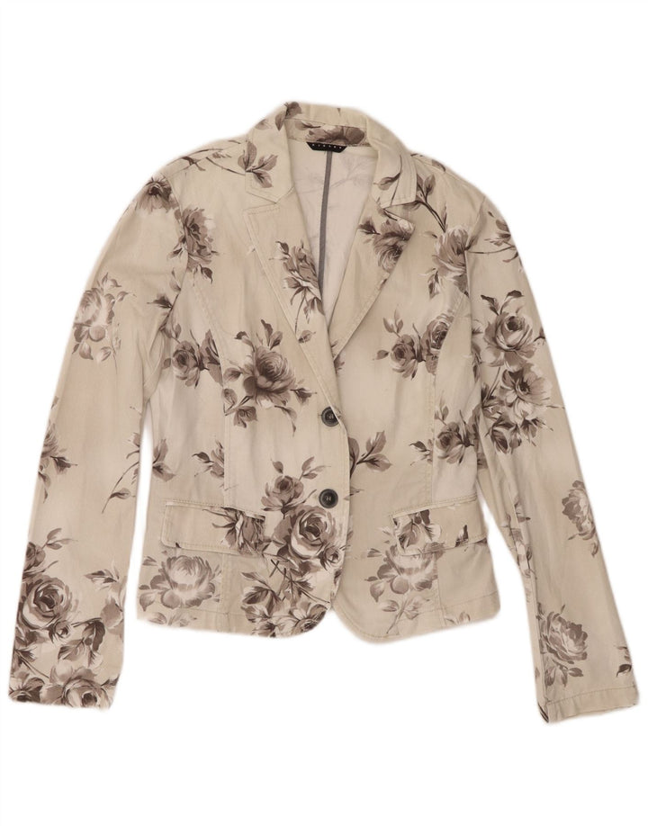 Jachetă Sisley de denim cu 2 nasturi pentru femei UK 10, mic, alb, floral