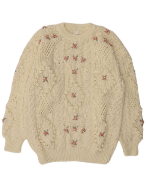 Pulover vintage pentru femei cu gâtul turnat, UK 20 2XL, alb, cu flori