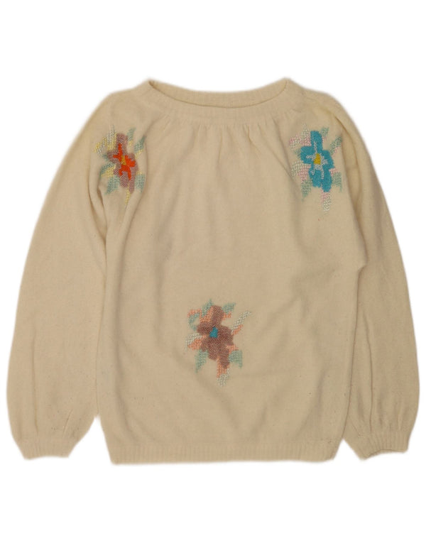 Pulover vintage pentru femei cu gâtul cu barca UK 12 Medium Off White Floral