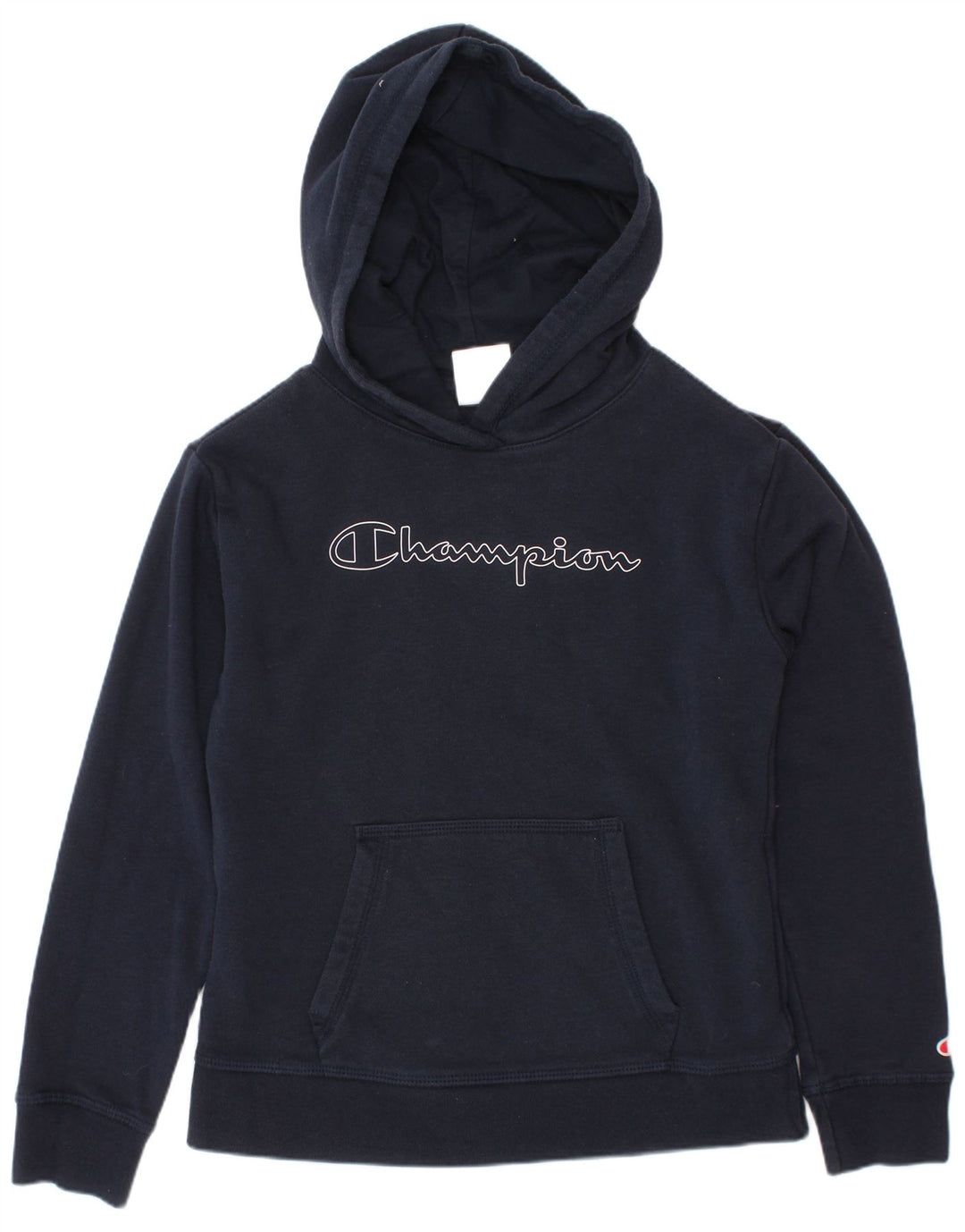 Pulover pentru fete CHAMPION cu glugă grafică 9-10 ani, mediu, albastru bleumarin, bumbac