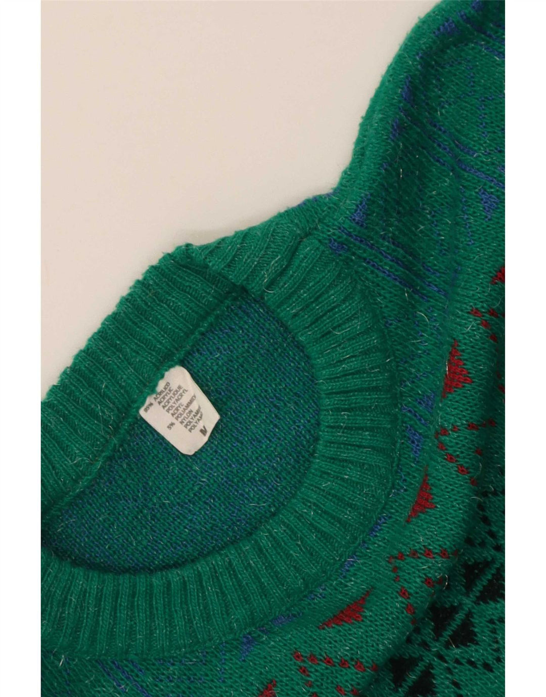 Pulover vintage pentru bărbați cu decolteu rotund, verde mediu geometric, acrilic