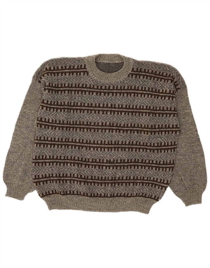 Pulover vintage pentru bărbați cu gâtul turnat mare, gri geometric