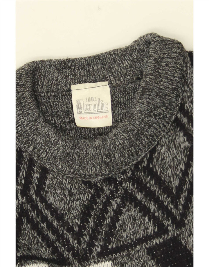 Pulover vintage pentru bărbați cu gâtul turnat, acrilic geometric, gri mediu