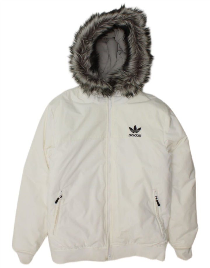 Jachetă bomber căptușită cu glugă Adidas pentru bărbați UK 38, nailon alb mediu
