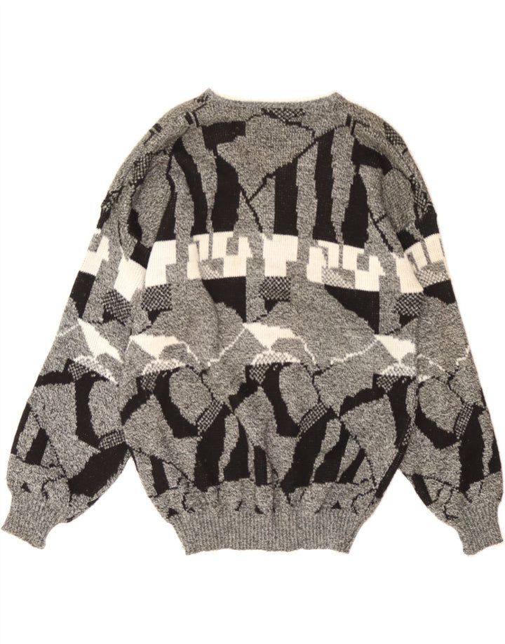 VINTAGE Mens Abstract Pattern V-Neck Jumper Sweater 2XL Grey Geometric Vintage Vintage and Second-Hand Vintage from Messina Hembry 