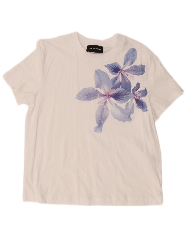 Les Copains Womens Graphic T-Shirt Top UK 14 Medium White Floral Cotton