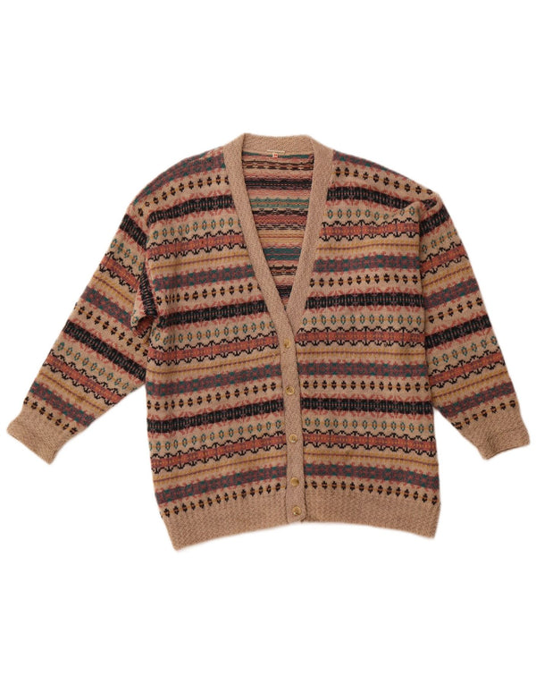 Pulover cardigan pentru femei VINTAGE UK 14 Lână Fair Isle maro mare