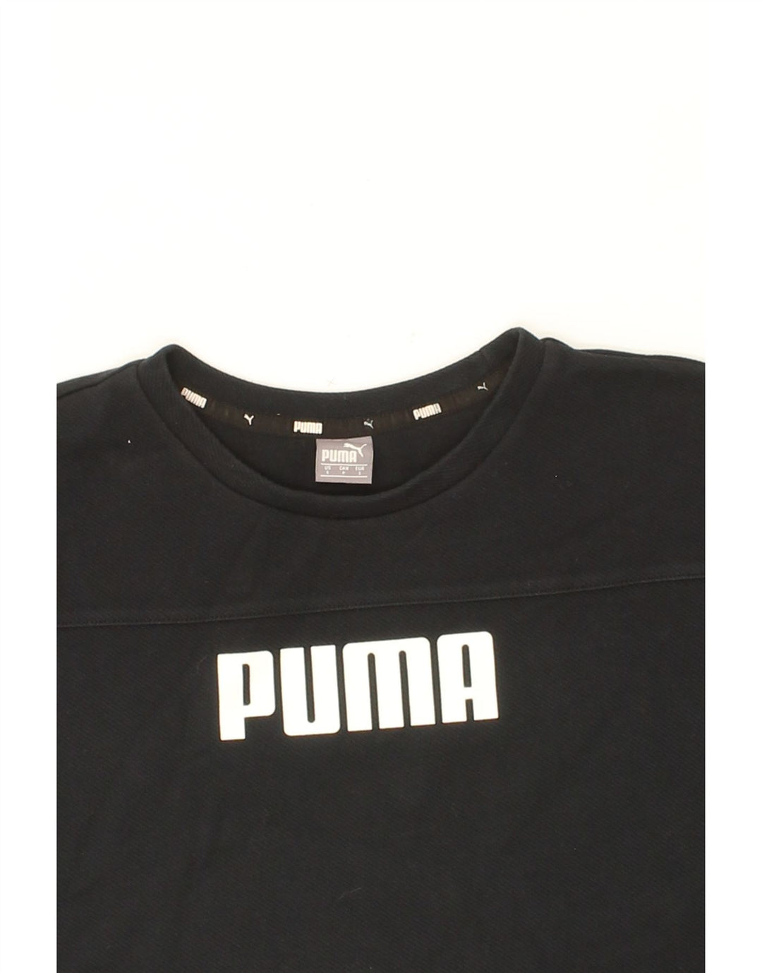 PUMA Womens Oversized Graphic Crop Sweatshirt Jumper UK 10 Small Black Vintage Puma and Second-Hand Puma from Messina Hembry 
