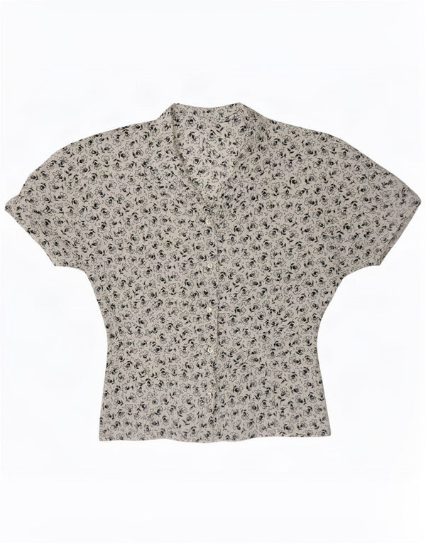 Bluză vintage pentru femei cu mânecă scurtă, cămașă UK 12, medie, albă, florală, retro