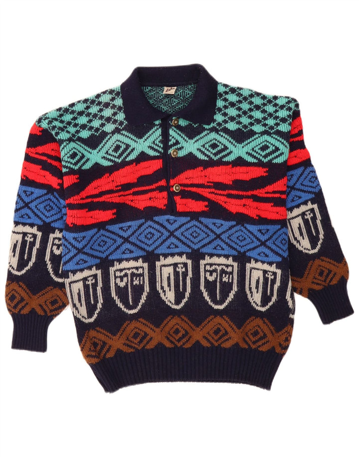 Pulover vintage pentru bărbați cu gât polo IT 50 mediu multicolor geometric