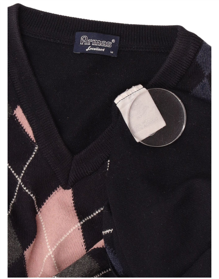 Pulover vintage pentru bărbați cu decolteu în V, mediu, albastru marin Argyle/lana diamantată