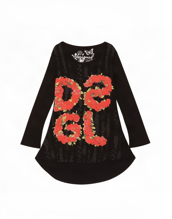 Desigual Womens Graphic Long Sleeve A-Line Dress UK 14 Large Black Floral