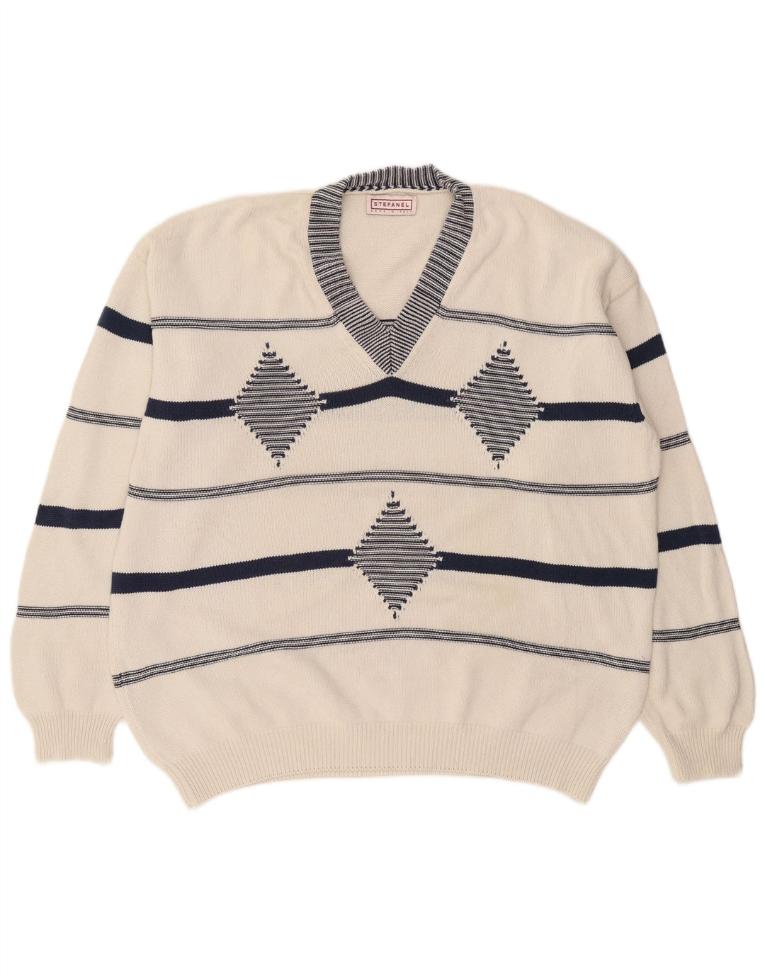 Pulover pentru bărbați Stefanel cu decolteu în V, XL, alb Argyle/Diamond