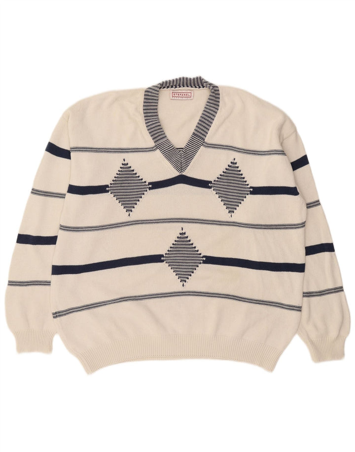Pulover pentru bărbați Stefanel cu decolteu în V, XL, alb Argyle/Diamond