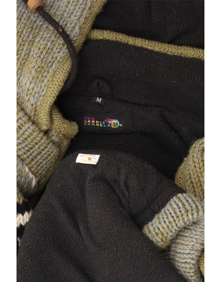 VINTAGE Pulover cardigan cu glugă pentru bărbați, kaki, lână Fair Isle