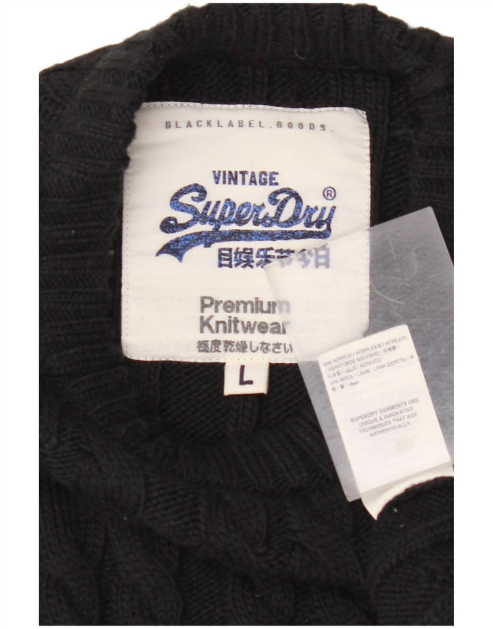 SUPERDRY Pulover pentru bărbați cu decolteu triplu, mare, negru, acrilic